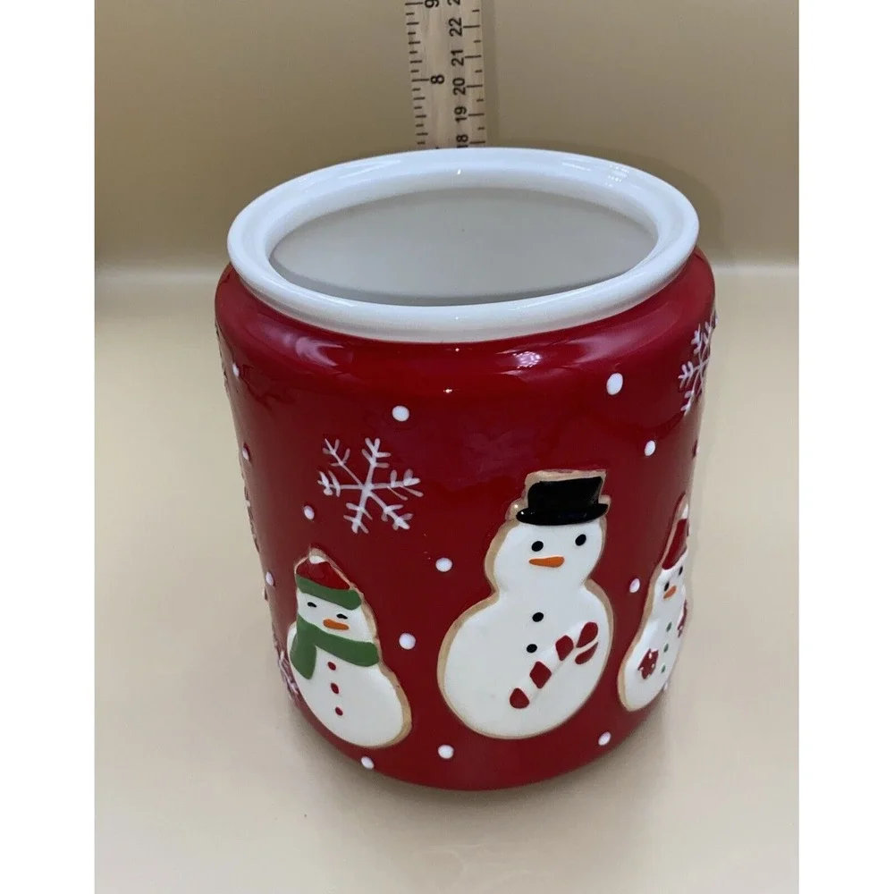 Hallmark Snowman‎ Ceramic Canister Red Holiday Kitchen Decor OS Snowflake Jar